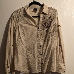 Cream Western Button Down Brown Embellishment